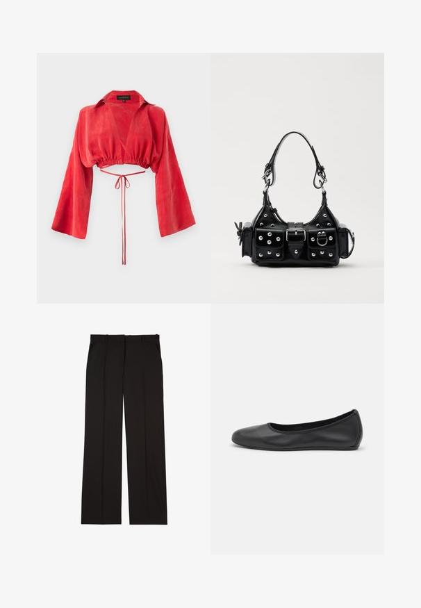 Rød kort bluse lavet af glat stof, med v-udskæring, lange brede ærmer og en indsnævret talje med en bindebånd detalje på ryggen.; Sorte skræddersyede bukser lavet af et glat stof, med et lige ben-design og to sidelommer. Elegant og minimalistisk konstruktion.; Sort læderballetsko med rund tå, glat tekstur, minimal syning og et fleksibelt såldesign.; Sort læderhåndtaske med et buet design, prydet med sølvfarvede nitter, en spænde og to sidelommer. Justerbar rem til forskellige bære muligheder.