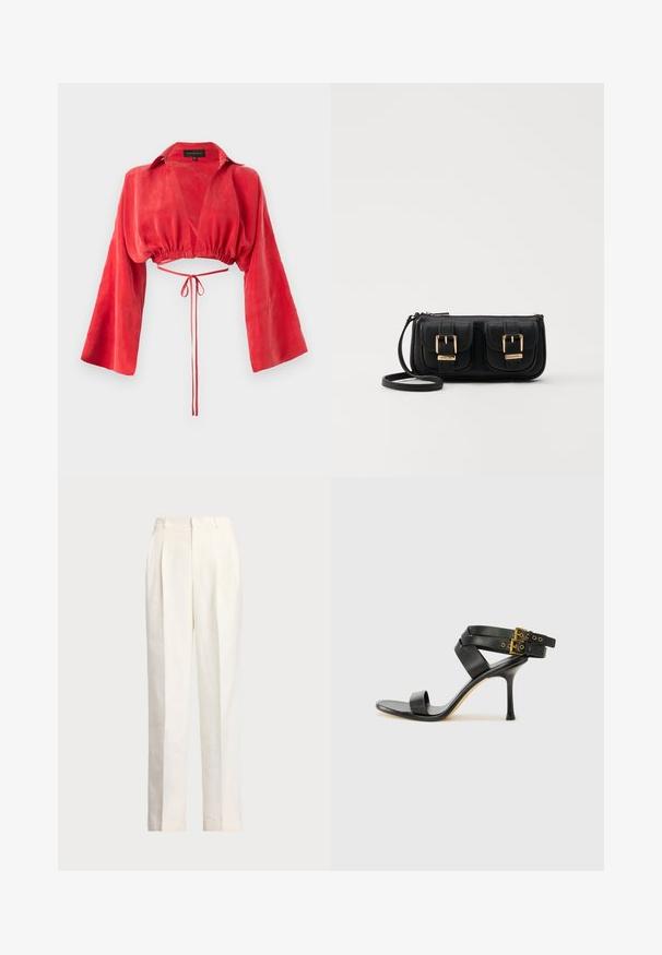 Blouse rouge courte en tissu lisse, avec un décolleté en V, de longues manches larges, et une taille cintrée avec un détail de lien à l'arrière.; Polo Ralph Lauren HEMP WIDE LEG PANT - Pantalon classique - nevis; Sandale à talons noirs avec des straps croisés et une boucle ajustable. Elle présente une texture lisse et un talon aiguille effilé.; Sac en cuir noir porté en travers avec deux poches avant, boucles dorées, fermeture zippée et une sangle fine. Surface texturée et forme rectangulaire compacte.