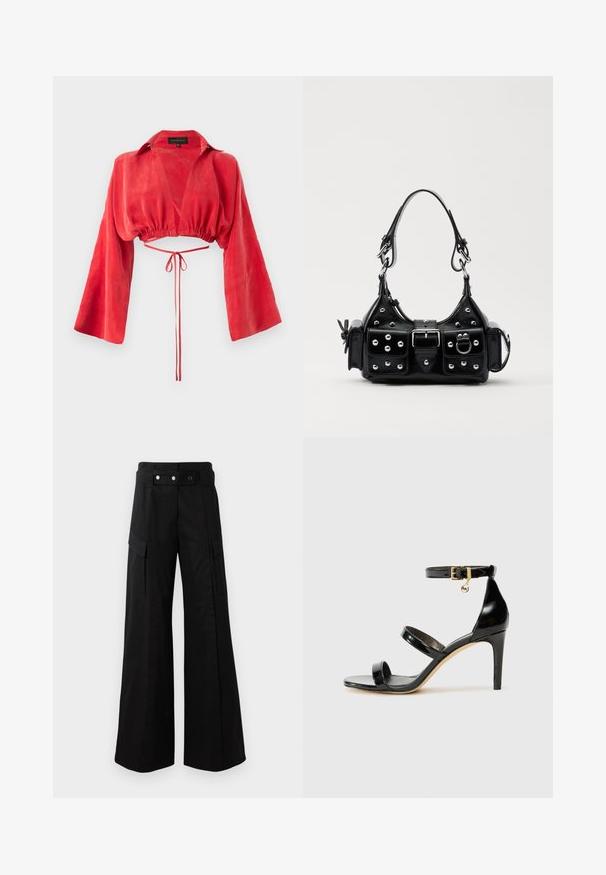 Red cropped blouse made of smooth fabric, featuring a v-neck, long wide sleeves, and a cinched waist with a tie detail at the back.; Black wide-leg pants with a high waistband, featuring large side pockets, two front buttons, and a loop detail. Made from sturdy fabric.; Black patent leather sandal with three straps, ankle buckle, and 4-inch stiletto heel. Features gold hardware detail and logo charm.; Black leather handbag with a curved design, featuring silver studs, a buckle, and two side pockets. Adjustable strap for carrying options.