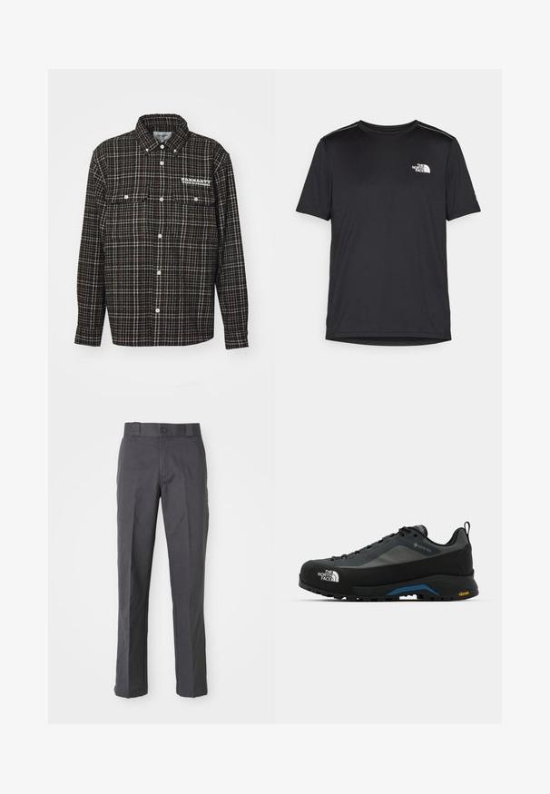 Czarna i brązowa koszula flanelowa w kratę z wydłużonym kołnierzem, długimi rękawami, dwiema kieszeniami na piersi oraz białym logo po lewej stronie.; Czarny t-shirt z krótkim rękawem, wykonany z lekkiego materiału. Posiada małe białe logo na lewej piersi oraz subtelne akcenty na ramionach.; Ciemnoszare spodnie wykonane z mieszanki bawełny, cechujące się prostym krojem nogawek, kieszeniami z przodu oraz zapięciem na guzik w talii.; The North Face VERTO ALPINE szary