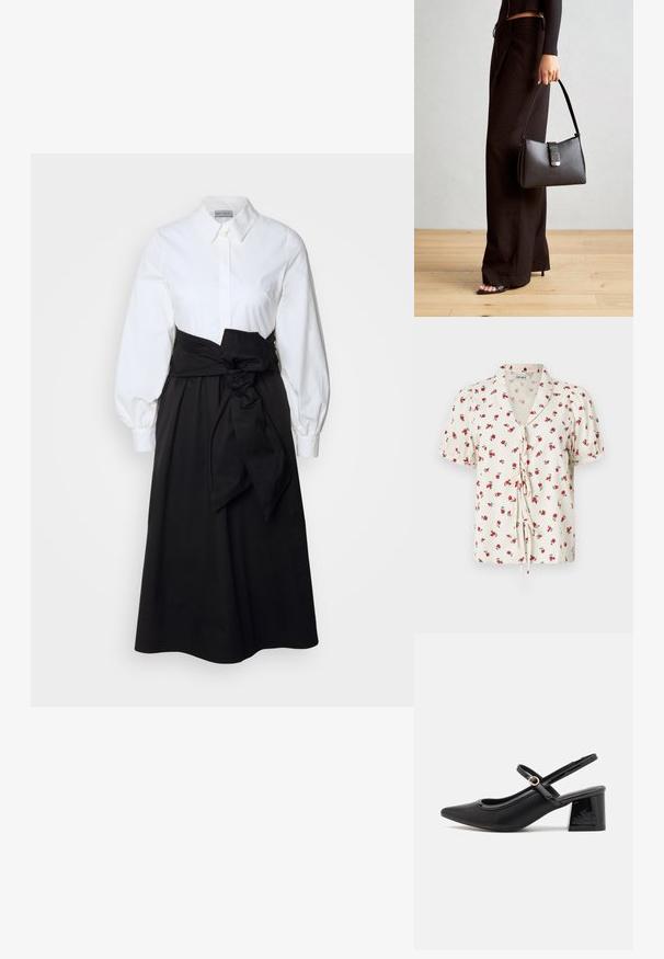 Floral short-sleeve blouse in off-white fabric with a crinkled texture. Features red flowers and a tie closure at the front.; White button-up top with long puff sleeves, paired with a black skirt and fabric belt tied at the waist, made from smooth cotton material.; Black patent leather slingback heels with a pointed toe, a rounded cutout design, and a block heel. Features a gold-tone buckle accent.; Black handbag with structured shape, smooth texture, and a metallic clasp. Paired with wide black pants and open-toe sandals on wooden floor.