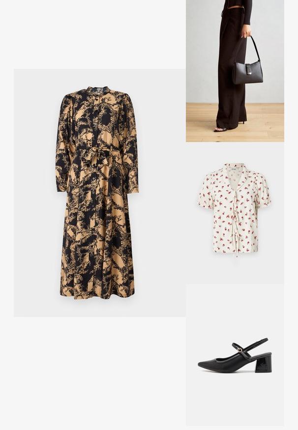 Gėlių trumpomis rankovėmis bluzonas iš off-white audinio su susiraukšlėjusią tekstūrą. Turima raudonų gėlių ir užrišimo uždarymas priekyje.; Ilgas mygtukinis suknelė juodos ir beige gėlių raštu, su ilgomis rankovėmis, siauru liemeniu ir surištą diržu. Lygus audinio tekstūra.; Juodi patentinio odos slingback aukštakulniai su smailiu pirštu, apvaliu išpjovimu ir blokiniu kulnu. Papuošti auksiniu juostos akcentu.; Juodas rankinė struktūrizuota forma, lygi tekstūra ir metalinis užsegimas. Suporuota su plačiomis juodomis kelnėmis ir atvirais bateliais ant medinių grindų.