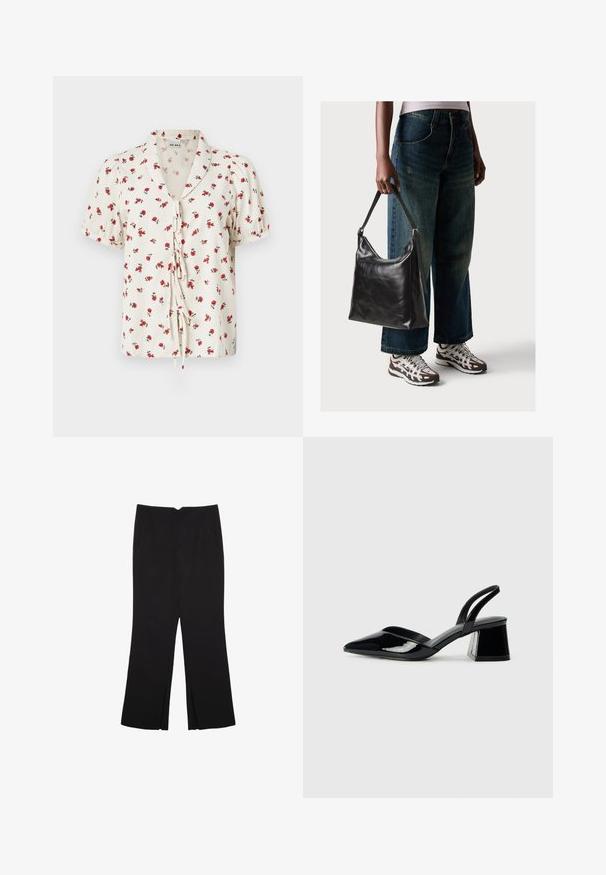 Květinová blůza s krátkým rukávem z krémové látky s nabíranou texturou. Obsahuje červené květiny a zavazování vpředu.; Černé kalhoty s rovným střihem, s předními kapsami a bočními rozparky na lemu. Vyrobené z jemné, hladké tkaniny. Vhodné na různé příležitosti.; Černé lakované kožené lodičky na pásku s špičatou špičkou a geometrickým blokovým podpatkem. Vyznačují se elegantním, minimalistickým designem a hladkým povrchem.; Černá kožená kabelka přes rameno se hladkým povrchem a nastavitelným popruhem, spárovaná s vybledlými džínami širokého střihu a sportovními teniskami.