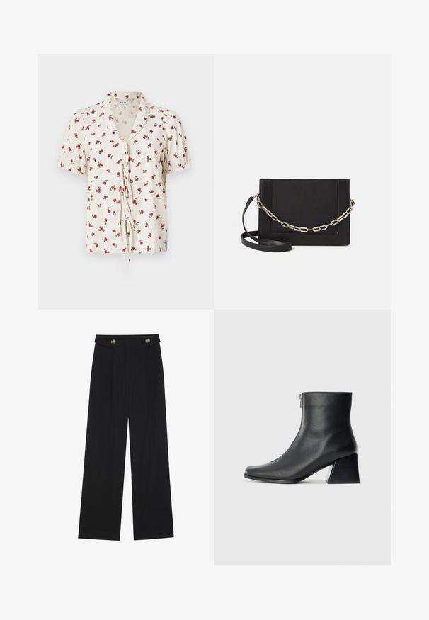 Kukkakuosiset lyhythihaiset puserot off-white-kankaasta, joka on ryppyinen. Edessä punaisia kukkia ja nauhakiinnitys.; Mustat leveälahkeiset housut, joissa on korkea vyötärö, napit vyötärönauhassa ja etupuolella laskokset.; Mustat nahka nilkkurit, joissa on nelikulmainen kärki, sivuvetoketju ja lohkarekorko, taustalla vaalea yksinkertainen tausta.; Musta nahkainen olkalaukku, jossa on sileä pinta, suorakulmainen muoto ja metalliketju yksityiskohtana edessä. Mukana säädettävä hihna.