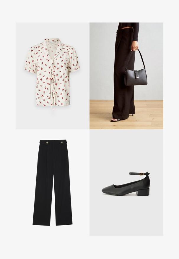 Blomstret kortermet bluse i off-white stoff med en krøllet tekstur. Har røde blomster og en knytefeste foran.; Svart vide bukser med høy midje, knappdetaljer på midjebåndet og frontplisser.; Sorte skinnpumper med spiss tå og lav blokkhelt. Har ankelrem med gullfarget spenne. Glatt tekstur.; Svart håndveske med strukturert form, jevn tekstur og metallisk lås. Kombinert med brede svarte bukser og sandaler med åpen tå på tregulv.