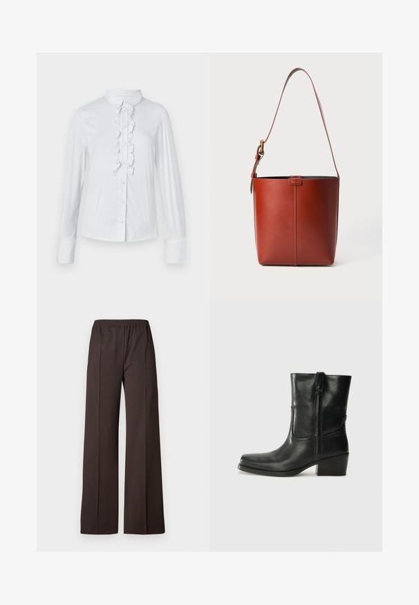 The Kooples CHEMISE - Košilová halenka  - white; Široké kalhoty z tmavě hnědé tkaniny s elastickým pasem, charakterizované hladkým povrchem a čistými liniemi pro dobře padnoucí vzhled.; Černá kožená kotníková bota s kulatou špičkou, blokovým podpatkem, bočním zipem a prošíváním na svršku. Hladký povrch, klasický design.; Hnědá kožená kabelka ve tvaru kbelíku s nastavitelným ramenním popruhem a zlatým přezkovým zapínáním, jednoduchý vertikální šev na přední straně.