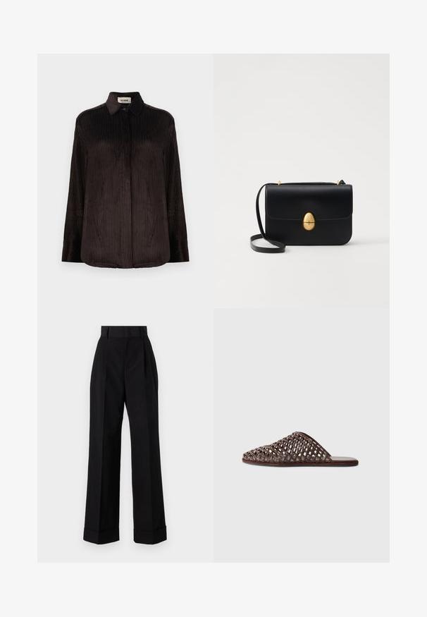 Sötétbarna kordbársony hosszú ujjú ing, gallérral, gombos mandzsettával és rejtett gombolással, fehér háttér előtt bemutatva.; Magas derekú fekete pamut nadrág. Széles lábú fazon, redők és felgöngyölített szárak jellemzik. Simább textúra, nincsenek látható minták vagy fémtárgyak.; Barna szőtt csúsztatós szandál lekerekített orral, nyitott dizájnnal, lapos talppal és texturált felülettel. Könnyű anyag és minimalista sziluett.; Fekete bőr kézitáska, struktúrált, téglalap alakú formával. Arany ovális kapoccsal és vékony vállpánttal rendelkezik. Sima textúrájú.