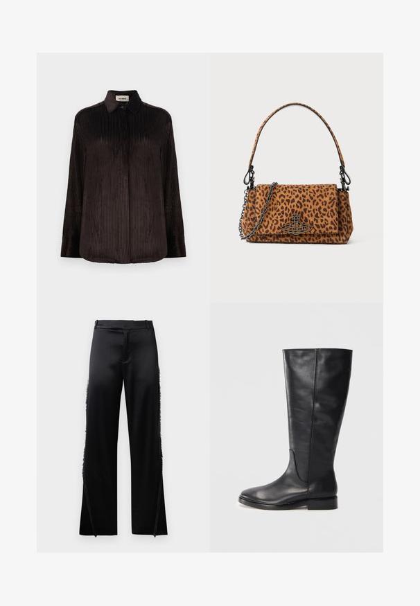 Camicia a maniche lunghe in velluto a coste di colore marrone scuro, con colletto, polsini abbottonati e bottoni frontali nascosti, esposta su uno sfondo bianco.; Pantaloni in satin nero con gambe larghe, caratterizzati da dettagli in frange lungo le cuciture laterali e una cintura piatta in vita. Retro semplice senza tasche.; Stivale in pelle nera altezza ginocchio con tacco basso e punta arrotondata, che mostra dettagli di cucitura lungo il gambale e la tomaia.; Borsa a tracolla con stampa leopardata, realizzata in suede, con una maniglia corta, una tracolla a catena e una chiusura in metallo nero. Forma rettangolare con chiusura a patta.