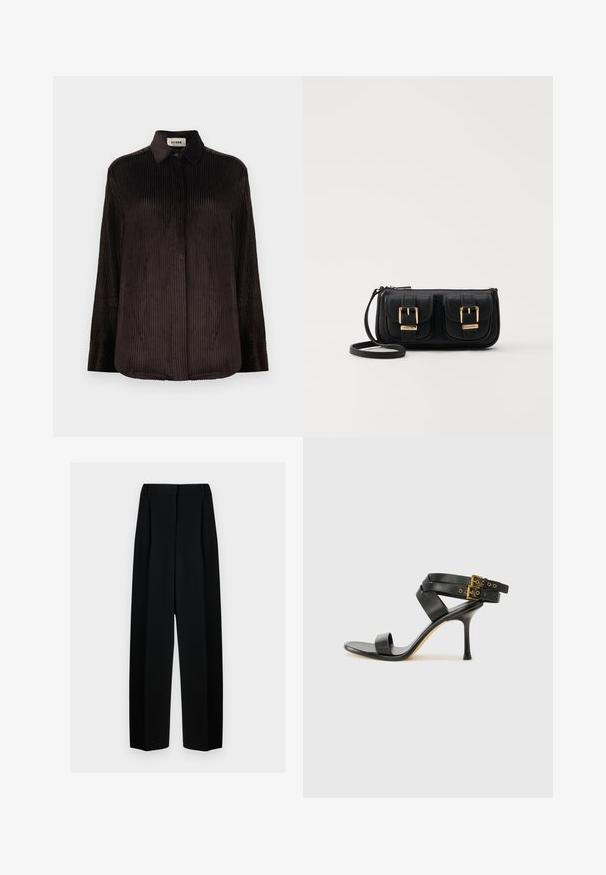 Tamsiai rudos spalvos velveto ilgomis rankovėmis marškiniai su apykakle, sagomis aprašytais rankogaliais ir paslėptomis priekinėmis sagutėmis, pristatyti ant balto fono.; Juodos plačios kelnės su aukštu liemeniu, su klostėmis ir glotnia tekstūra. Medžiaga atrodo lengva ir dailiai krenta.; Juodi kulniškų sandalai su kryžminėmis juostelėmis ir reguliuojamu sagtimi. Ypatybė – lygus paviršius ir siauras smailas kulnas.; Juodas odinis per petį nešiojamas krepšys su dviem priekiniais kišenėmis, auksiniais sagtimis, užtrauktuko uždarymu ir siauromis petnešomis. Textūruota paviršius ir kompaktiškas stačiakampis formatas.