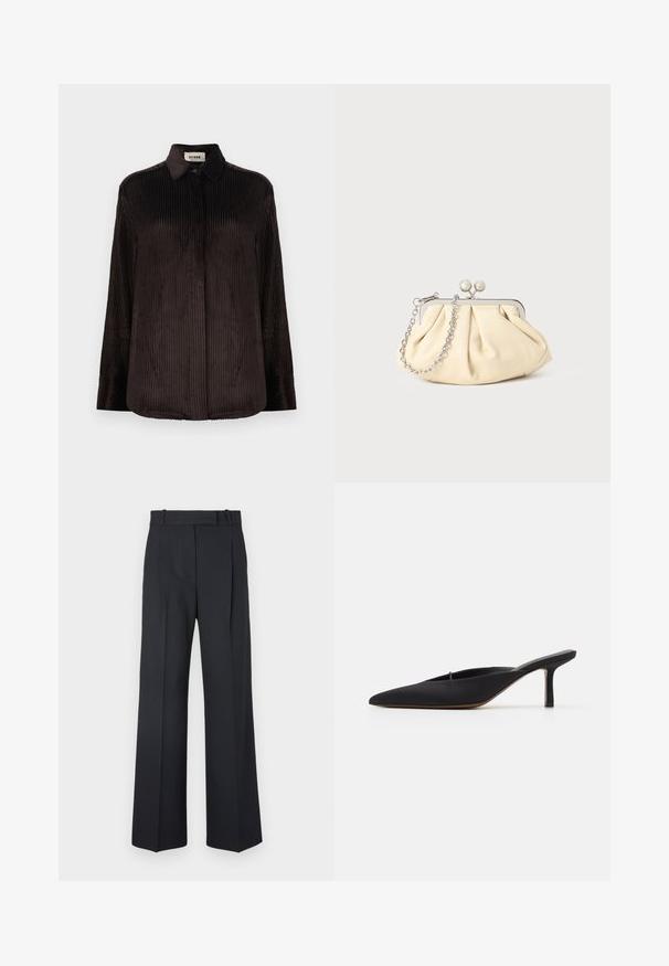 Dark brown corduroy long-sleeve shirt with a collar, buttoned cuffs, and concealed front buttons, displayed on a white background.; Dark blue pinstriped trousers with a high waist, wide leg design, and no visible hardware or embellishments. Smooth texture and tailored fit.; Black pointed-toe mule with a sleek design, made of smooth fabric, featuring a slender heel and open back for easy wear.; Pleated beige leather clutch with a silver metal frame, featuring two round decorative clasps and a silver chain strap.
