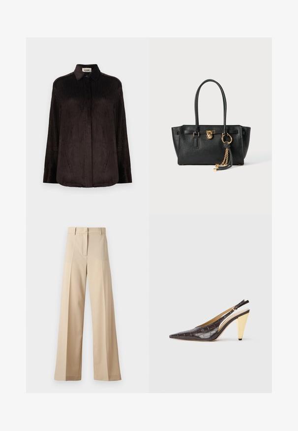 Ciemnobrązowa koszula z długim rękawem z korduroy z kołnierzykiem, zapiętymi mankietami i ukrytymi guzikami z przodu, prezentowana na białym tle.; Beżowe spodnie o szerokich nogawkach wykonane z gładkiego materiału, z płaskim przodem i zakładkami, z zapięciem na zamek i pętelkami na pasek. Dopasowany krój.; Sandały na obcasie z przeszyciem w ciemnym brązowym lakierowanym faux krokodyle. Posiadają złoty geometrzyczny obcas oraz regulowany pasek wokół kostki.; Czarna skórzana torebka na podwójnych uchwytach, ze złotym zamkiem i łańcuszkiem, a także czarno-białym ozdobnym frędzlem na białym tle.