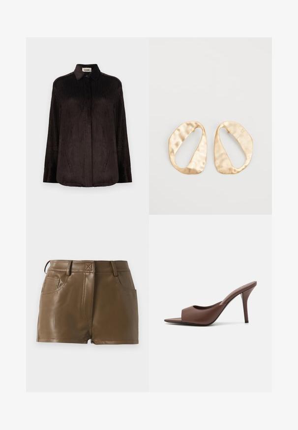 Ciemnobrązowa koszula z długim rękawem z korduroy z kołnierzykiem, zapiętymi mankietami i ukrytymi guzikami z przodu, prezentowana na białym tle.; Brązowe szorty z faux skóry o dopasowanym kroju, z paskiem z pętelkami, przednimi kieszeniami oraz widocznymi detalami przeszyć.; Brązowe skórzane klapki na wysokim obcasie z odkrytymi palcami o eleganckim wzornictwie, z szerokim przednim paskiem i smukłym obcasem typu stiletto.; Para nieregularnych, owalnych kolczyków ze złotego metalu o teksturowanej, lekko młotkowanej powierzchni na białym tle.