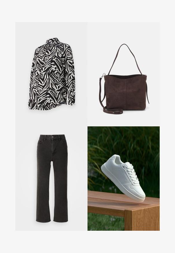 Long-sleeved black and white button-up shirt featuring a bold zebra stripe pattern, smooth fabric, and a classic collar design.; Black wide-leg jeans made of denim, featuring a front button closure, belt loops, and five pockets with a slightly faded texture.; White sneaker with a smooth synthetic upper, perforated toe box, flat laces, and a textured sole, displayed on a wooden surface.; Brown suede tote bag with a soft texture, featuring a single shoulder strap and a subtle curved top opening. No visible hardware details.