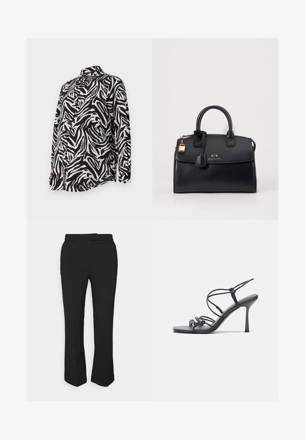 Long-sleeved black and white button-up shirt featuring a bold zebra stripe pattern, smooth fabric, and a classic collar design.; Black tailored pants with a straight-leg design, featuring belt loops and side pockets. Made from smooth fabric with a clean finish.; Black high-heeled sandals feature thin straps with a knotted design, a smooth square toe, and a sleek stiletto heel.; Black leather handbag with a structured shape, gold hardware, and a lock detail. Features dual top handles and embossed branding on the front.