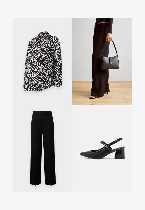 Juodai baltas marškinėlių modelis su ilgomis rankovėmis, pasižymintis drąsiais zebra dryžiais, sklandžia medžiaga ir klasikiniu apykaklės dizainu.; Juodi plačios kojos keliai su lygiu paviršiumi, turi plokščią priekinę dalį, klostes ir pritaikytą juosmenį. Nėra matomų detalių ar raštų.; Juodi patentinio odos slingback aukštakulniai su smailiu pirštu, apvaliu išpjovimu ir blokiniu kulnu. Papuošti auksiniu juostos akcentu.; Juodas rankinė struktūrizuota forma, lygi tekstūra ir metalinis užsegimas. Suporuota su plačiomis juodomis kelnėmis ir atvirais bateliais ant medinių grindų.