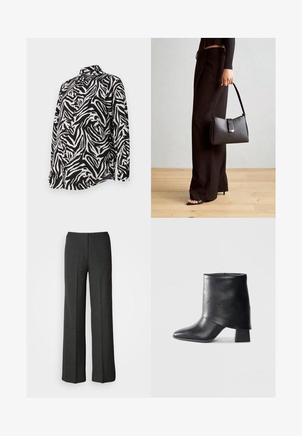 Dolgimi rokavi črnobela srajca z gumbi, ki vsebuje drzen vzorec zebre, gladko blago in klasično zasnovo ovratnika.; Široke hlače v temno sivi barvi, narejene iz teksturirane tkanine. Imajo prilegajoč se pas ter subtilen vzorčast črti.; Črne usnjene gležnjarje z izostrenim prstom, gladko teksturo in trdnimi blokastimi petami. Imajo visok, zložen manšeti.; Črna torbica z strukturirano obliko, gladko teksturo in kovinskim zaponko. Ujemajo se z širokimi črnimi hlačami in odprtimi sandali na lesenem tleh.