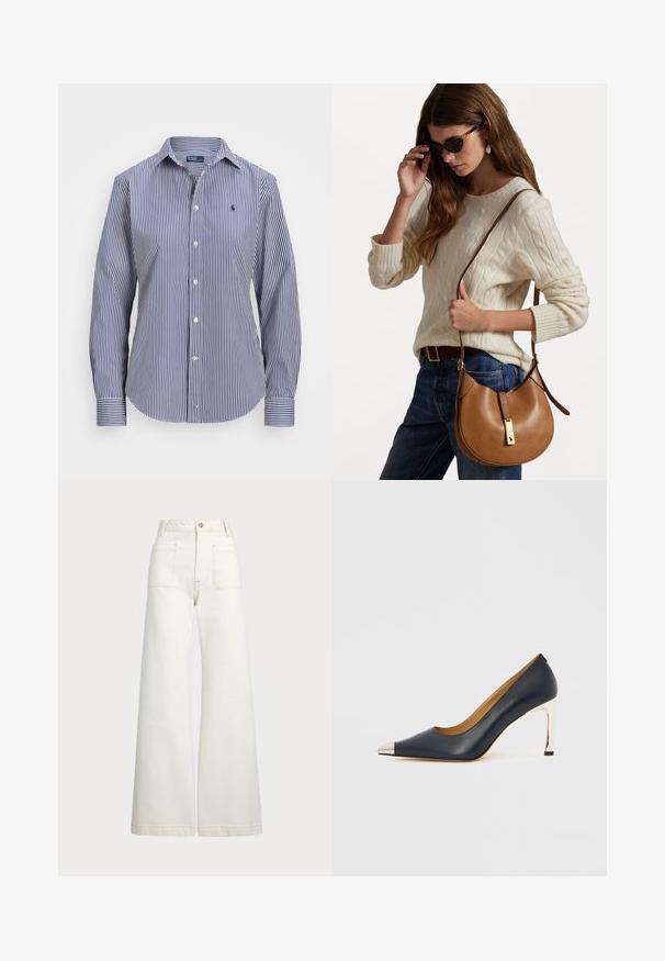 Niebiesko-biała koszula z długim rękawem w paski, z kołnierzykiem zapinanym na guziki, kontrastowymi mankietami oraz małym emblematem na piersi.; Spodnie dżinsowe o szerokich nogawkach w odcieniu off-white. Wysoki stan z zapięciem na guzik, dwiema kieszeniami z przodu i detalami z kontrastowym przeszyciem.; Granatowy skórzany szpilka z ostrym noskiem, z srebrną metaliczną nakładką i błyszczącym srebrnym cienkim obcasem.; Brązowa skórzana torba na ramię o zaokrąglonym kształcie z złotymi detalami. Modelka ma na sobie kremowy sweter w warkocze i niebieskie dżinsy.