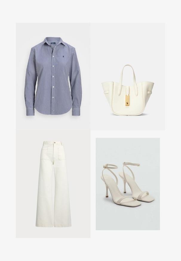 Modra in bela prugasta srajca z dolgimi rokavi, z ovratnikom na gumb, kontrastnimi manšetami in majhnim grbom na prsih.; Široke jeans hlače v off-white denim tkanini. Visok pas z gumbnim zapiranjem, dvema sprednjima žepoma in detajli kontrastnega šivanja.; Bež sandali s visoko peto, kvadratnim prstom in tanjšimi trakovi okoli gležnja. Gladka tkanina z minimalnim dizajnom, s tanko peto.; Bela usnjena torba z obliko, ki ohranja strukturo, izrazitim šivom, zlatim kovinskim dodatkom in dvema ročkama. Teksturna površina s stranskimi žepi.