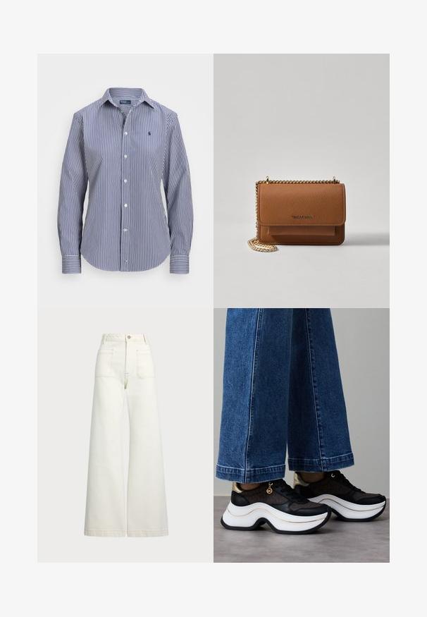 Modrá a biela pruhovaná košeľa s dlhým rukávom, s golierom na zapínanie, kontrastnými manžetami a malou emblematickou nášivkou na hrudi.; Džínsy s širšími nohavicami v off-white denim. Vysoký pás s gombíkovým zapínaním, dve predné vrecká a kontrastné švy.; Čierne a zlaté tenisky s krivou bielou podrážkou. Textúrovaná látka s logotypovými akcentmi. Kombinované so širokými modrými rifľovými nohavicami.; Hnedá textúrovaná kožená taška cez telo s zlatým reťazovým popruhom a preklopným uzáverom. Predná strana obsahuje detail s logom a vrecko pod preklopkou.