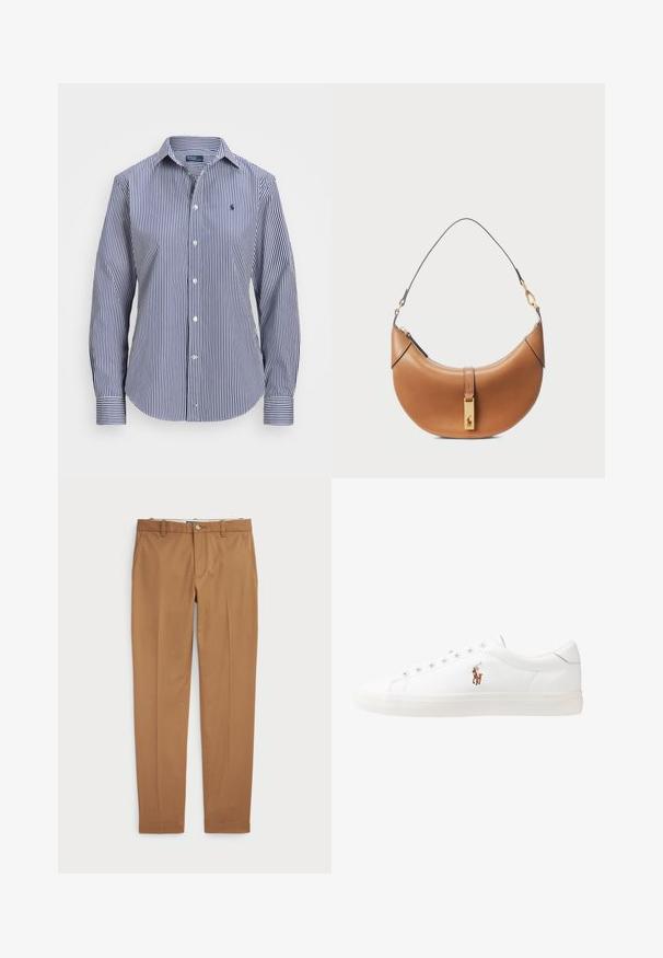 Langärmliges Hemd mit blauen und weißen Streifen, mit einem Button-Down-Kragen, kontrastierenden Manschetten und einem kleinen Emblem auf der Brust.; Braune Baumwollhosen mit schmalem Schnitt, flachem Vorderteil und Standardtaschen; glatte Textur und abgeschnittene Säume.; Weiße Leder-Sneaker, niedrig geschnitten, mit glatter Textur, runder Zehenpartie, Schnür vorne und kleinem gesticktem Logo an der Seite.; Taschenhandtasche aus tanfarbenem Leder mit geschwungener Form, goldenen Beschlägen und einem dünnen Schulterriemen. Verfügt über einen Reißverschlussverschluss und ein Logodetail auf der Vorderseite.