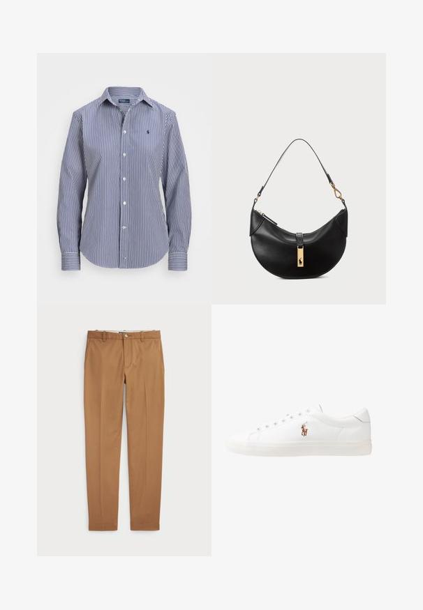 Langärmliges Hemd mit blauen und weißen Streifen, mit einem Button-Down-Kragen, kontrastierenden Manschetten und einem kleinen Emblem auf der Brust.; Braune Baumwollhosen mit schmalem Schnitt, flachem Vorderteil und Standardtaschen; glatte Textur und abgeschnittene Säume.; Weiße Leder-Sneaker, niedrig geschnitten, mit glatter Textur, runder Zehenpartie, Schnür vorne und kleinem gesticktem Logo an der Seite.; Schwarze Lederhandtasche in Halbmondform. Verfügt über eine goldene Hardware-Akzentuierung und einen schmalen Tragegurt. Sanfte Textur, Reißverschlussverschluss an der Oberseite.