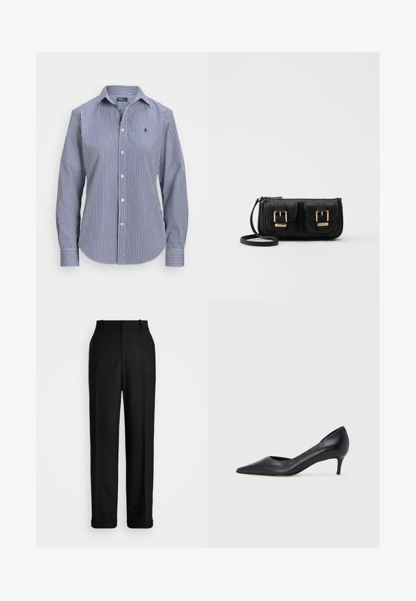 Blue and white striped long-sleeve shirt, featuring a button-down collar, contrasting cuffs, and a small emblem on the chest.; Polo Ralph Lauren HIGH RISE RELAXED STRAIGHT TROUSER - Trousers - black; Black leather pump with a pointed toe and low heel. Features a smooth texture and subtle sheen. Open cut at the front for added detail.; Black leather crossbody bag with two front pockets, gold buckles, zipper closure, and a slim strap. Textured surface and compact rectangular shape.