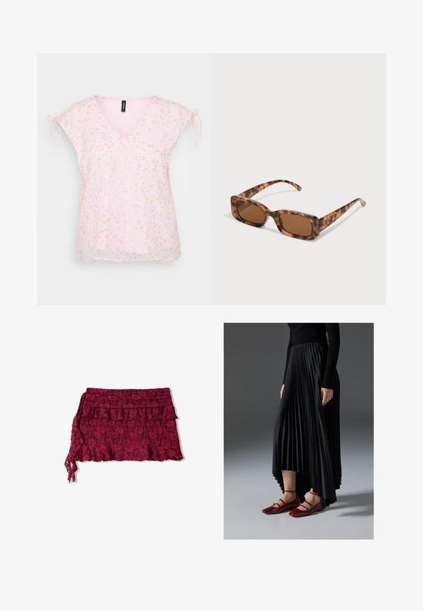 Bluzka w kwiatowy wzór, krótki rękaw z wiązaniami, dekolt w kształcie litery V, lekki różowy materiał z żółtymi i purpurowymi kwiatami, prosta dolna krawędź.; Bordowa koronkowa spódnica z falbaną i warstwowym designem. Charakteryzuje się miękką teksturą i regulowanym wiązaniem z boku.; Czarna plisowana spódnica z asymetrycznym dołem, zestawiona z błyszczącymi czerwonymi balerinkami z paskiem. Tkanina ma gładką teksturę.; Okulary przeciwsłoneczne w kolorze tortoishell z prostokątnymi brązowymi soczewkami, grubą oprawką i cienkimi zausznikami z wzorem w różnych odcieniach brązu.
