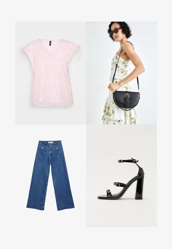 Blouse à imprimé floral, manches courtes avec liens, décolleté en V, tissu léger rose avec des fleurs jaunes et violettes, ourlet droit.; Jeans en denim à jambes larges avec un délavage bleu moyen, deux poches avant avec fermetures à bouton, et des détails cousus le long des ourlets.; Sandales à talons vernies noires avec un bout carré, des sangles autour de la cheville et des boucles en argent. Dotées d'un talon bloc épais pour plus de stabilité.; Sac à main en cuir noir avec une forme courbée, bandoulière amovible et des accessoires en or. Le sac est doté d'un rabat avec un détail de boucle.