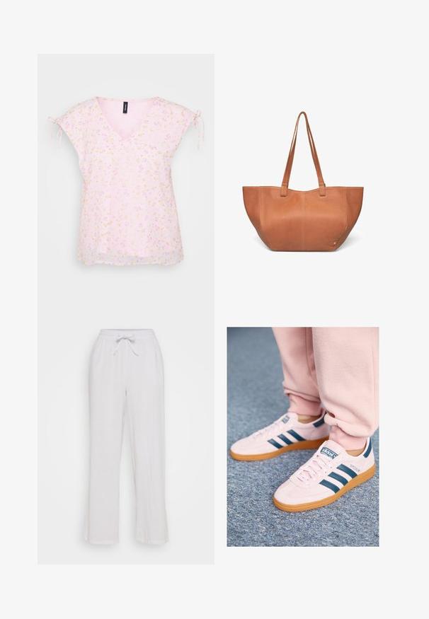 Bluzica s cvetnim uzorkom, kratki rukavi s mašnicama, V-izrez, lagana roze tkanina s žutim i ljubičastim cvetovima, ravan rub.; Bele lanene hlače z vrvico v pasu, ki imajo udoben kroj in ravno oblikovan nogavici. Gladka tekstura, brez vidnih vzorcev ali dodatkov.; Svetlo roza semiš teniske s temno modrimi usnjenimi črtami in gumo podplatom. Značilnosti vključujejo ravne vezalke ter znamko na strani in jeziku.; Torbica iz tan usnja z dvema dolgima ročajema, okroglo obliko, gladko teksturo in subtilnimi šivi. Brez vidnih kovinskih delov ali okrasov.