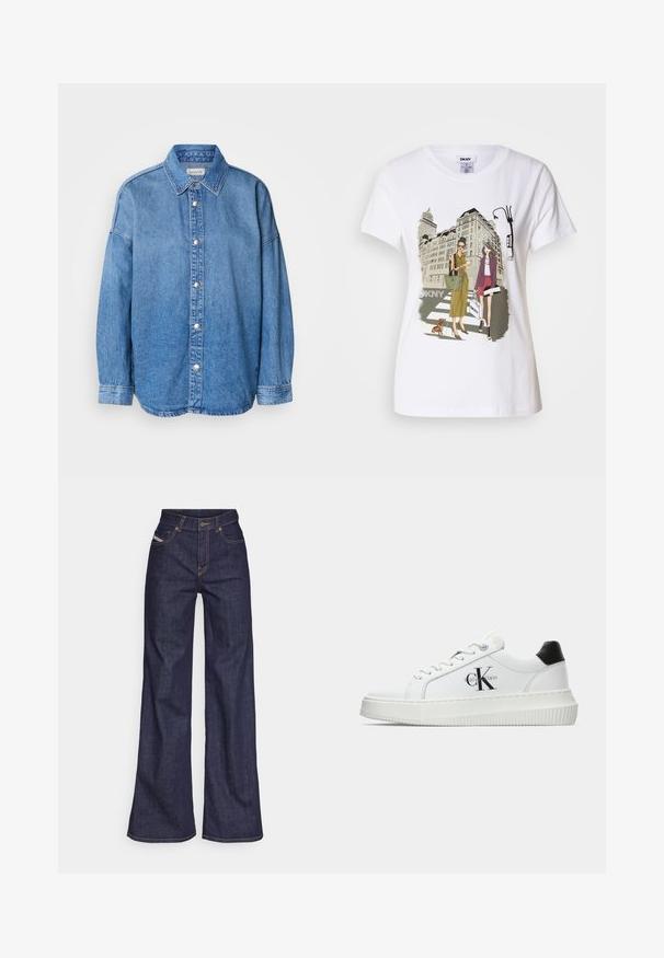 Lichtblauw denimshirt met een kraag, lange mouwen en zilveren knopen, gecentreerd op een witte achtergrond.; Witte katoen T-shirt met een geprinte illustratie van twee vrouwen in urban mode stijlen met een hond op een zebrapad en stadsgebouwen.; Donkerblauwe wijde jeans van denimstof met een hoge taille, voorzien van oranje stiksels, een vijf-pocket ontwerp en een knoopsluiting.; Witte lage sneaker met zwarte hiel tab, plateauzool, veters en Calvin Klein "CK" logo aan de zijkant.