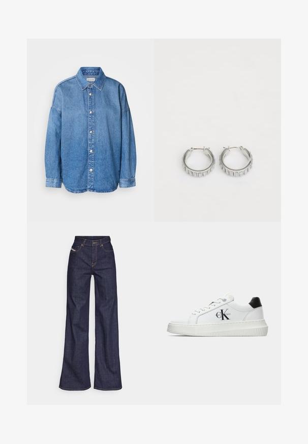 Camisa de mezclilla azul claro con cuello, mangas largas y botones plateados, centrada sobre un fondo blanco.; Vaqueros de pierna ancha de color azul oscuro, fabricados en denim, con cintura alta, costuras naranjas, diseño de cinco bolsillos y cierre de botón.; Zapatilla baja blanca con talón negro, suela de plataforma, cordones y logotipo "CK" de Calvin Klein en el lado.; Pendientes de aro plateados con un diseño texturizado que presenta estrías verticales. Forma circular con un cierre de seguridad. Acabado suave.