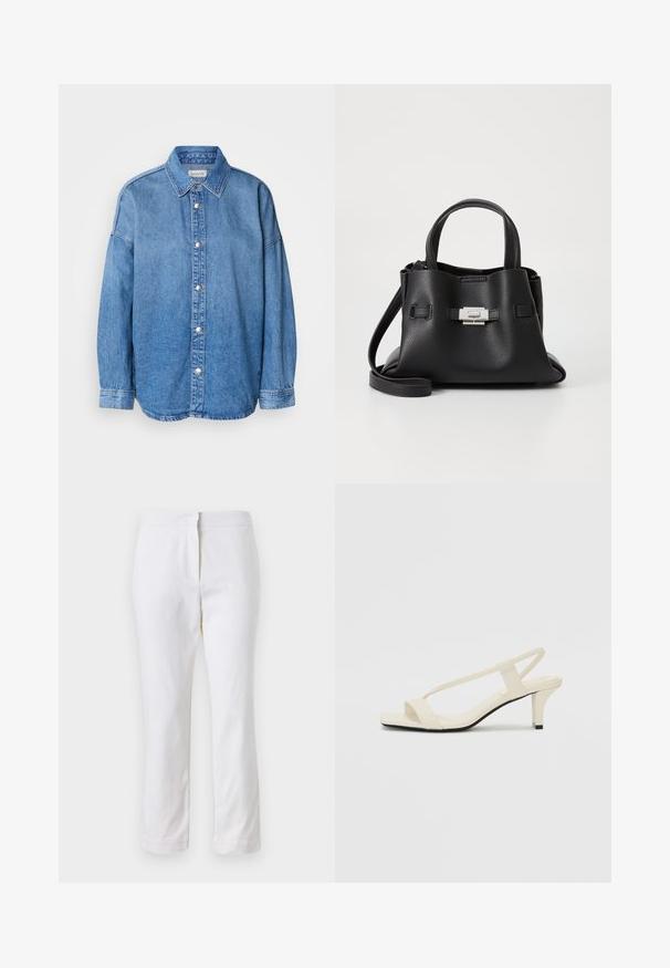 Vaaleansininen farkkupaita, jossa on kaulus, pitkät hihat ja hopeanväriset napit, keskiössä valkoista taustaa vasten.; Valkoiset puuvillahousut suoralla lahkeella, joissa on keskikorkea vyötärö ja ei näkyviä varusteita tai kuvioita. Ehjä pinta kauttaaltaan.; Beige sandaalit, joissa on loiva korko, ohuet hihnat ja neliönmallinen varvasosa. Sileä materiaali, jossa on minimaalista yksityiskohtaa, suunniteltu helppokäyttöiseksi.; Mustat nahkaa oleva käsilaukku, jossa on teksturoitu pinta, kaksi yläkahvaa, irrotettava olkahihna ja hopeinen solk yksityiskohta.