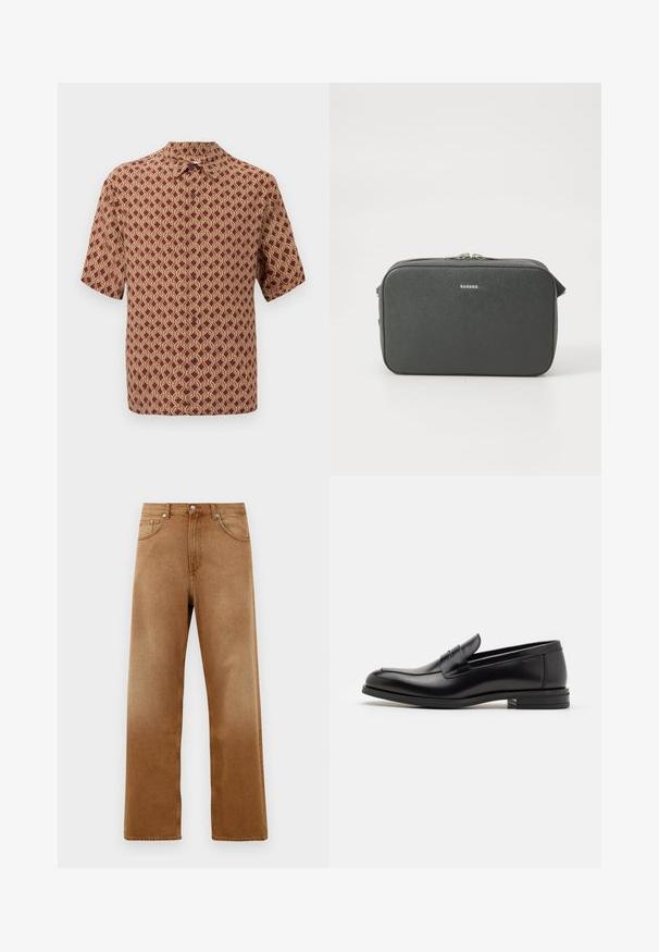 Krátky rukáv košele v burgundskej farbe s prepracovaným krémovým geometrickým vzorom. Má golier a zapínanie na gombíky vpredu.; Hnedé denimové široké nohavice s vysokým pásom, obsahujúce dve predné vrecká, zapínanie na gombík a jemnú textúru. Žiadne viditeľné vzory ani akcenty.; Čierne kožené mokasíny s hladkou textúrou, zaoblenou špičkou a dekoračným pásikom cez priehlavok. Nízky vrstvený opätok, minimalistický dizajn.; Čierna textúrovaná obdĺžniková kabelka cez telo so strieborným dvojitým zipsom a malým logom "Sandro" umiestneným na prednej strane.