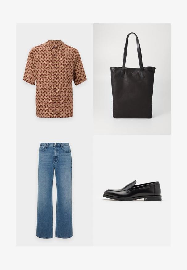 Camisa de manga corta en burdeos con un intrincado patrón geométrico en color crema. Diseño con cuello y botones en la parte delantera para el cierre.; Pantalones vaqueros de pierna ancha en denim con un acabado desgastado. Presenta cinco bolsillos, un cierre de botón en la parte delantera y un corte recto.; Mocasines de cuero negro con una textura suave, puntera redondeada y una tira decorativa en el empeine. Tacón bajo apilado, diseño minimalista.; Bolsa tote de lona negra con asas de cuero negro. Diseño sencillo, cuerpo espacioso y textura suave. Sin logos ni patrones visibles.