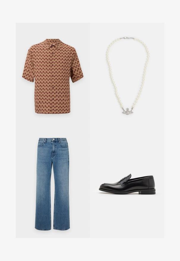Camicetta a maniche corte in bordeaux con un intricato motivo geometrico crema. Design con colletto e bottoni lungo la parte anteriore per la chiusura.; Jeans a gamba larga blu in denim con una finitura sbiadita. Presentano cinque tasche, una chiusura con bottone frontale e una vestibilità dritta.; Mocassini neri in pelle con una texture liscia, punta arrotondata e una striscia decorativa sulla tomaia. Tacco basso impilato, design minimalista.; Collana di perle con chiusura in tono argento. Caratterizzata da perle bianche rotonde e un centro decorativo impreziosito da strass.