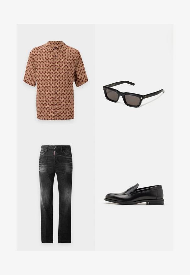 Krátky rukáv košele v burgundskej farbe s prepracovaným krémovým geometrickým vzorom. Má golier a zapínanie na gombíky vpredu.; Čierne denimové džínsy so štandardným strihom. Obsahujú vyblednuté oblasti, drobné opotrebenie, klasický dizajn s piatimi vreckami a zapínanie na gombík.; Čierne kožené mokasíny s hladkou textúrou, zaoblenou špičkou a dekoračným pásikom cez priehlavok. Nízky vrstvený opätok, minimalistický dizajn.; Čierne obdĺžnikové slnečné okuliare s tmavými sklami, hrubým plastovým rámom, zlatými detailami na spánkoch a vygravírovaným logom značky na ramene.