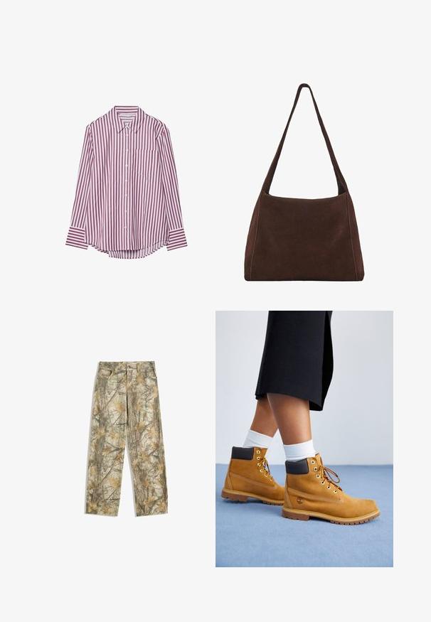 Bordeauxfarbendes Langarm-Hemd mit weißen vertikalen Streifen. Es besitzt einen Kragen und eine Brusttasche sowie einen abgerundeten Saum.; Dunkelgraues Kurzarmoberteil mit Bootsausschnitt. Hergestellt aus geripptem Stoff, mit lockerer Passform und sauberem Saum. Einfaches Design, ohne Muster.; Tarnhosen mit einem mehrfarbigen grünen und braunen Blättermuster, ausgestattet mit einem klassischen Fünf-Taschen-Design und einem lockeren Schnitt.; Sandfarbene Wildlederschuhe mit braunen Lederakzenten, goldenen Ösen und einer strukturierten Sohle. Weiße Socken, die über den Stiefeln sichtbar sind.; Braune Wildleder-Umhängetasche mit einem lässigen Schnitt, einem breiten Trageriemen und einem schlichten Design. Zeigt sichtbare Nähte entlang der Kanten.