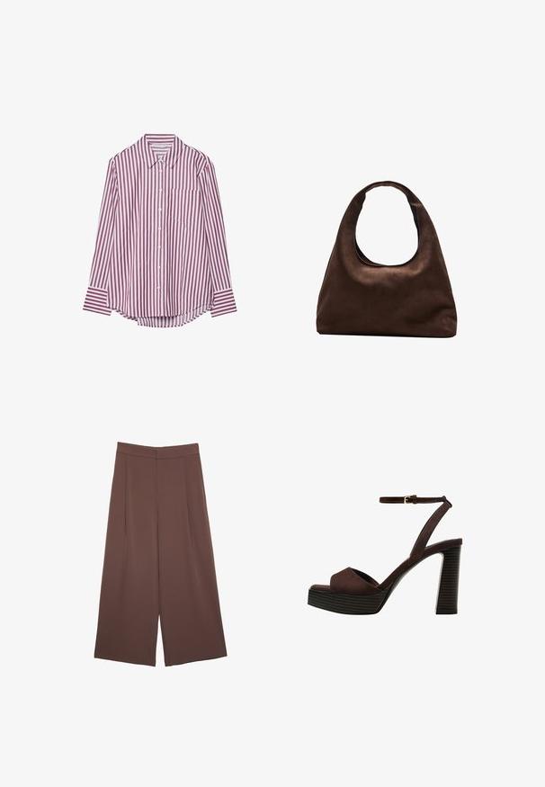 Srajca z dolgimi rokavi in gumbom v burgundski in beli navpični črti. Ima ovratnik in žep na prsih, z ukrivljenim robom.; Rjave široke hlače z gladko teksturo, ki imajo visok pas in sprednje naborke. Tkanina je lahka in prosto pada.; Rjave semiš sandale z visoko peto, odprto spredaj, z nastavljivim gležnjenjem in črtastim podplatom.; Mehakna rjava torbica v hobo stilu z enim širokim trakom in ukrivljenim odprtjem na vrhu, prikazana na beli podlagi.