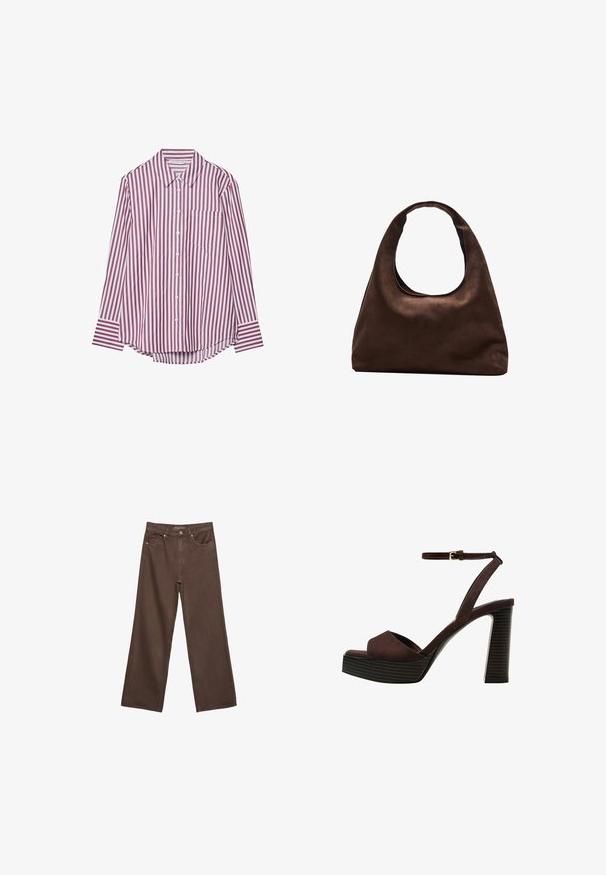 Long-sleeve button-up shirt in burgundy and white vertical stripes. Features a collar and a chest pocket, with a curved hemline.; Wide-leg brown jeans made of denim, featuring a high waist, front pockets, and a classic button closure. Smooth texture with subtle stitching.; Brown suede high-heeled sandal with an open toe, adjustable ankle strap, and a striped platform sole.; Soft brown hobo-style handbag with a single wide strap and a curved top handle opening, displayed on a white background.