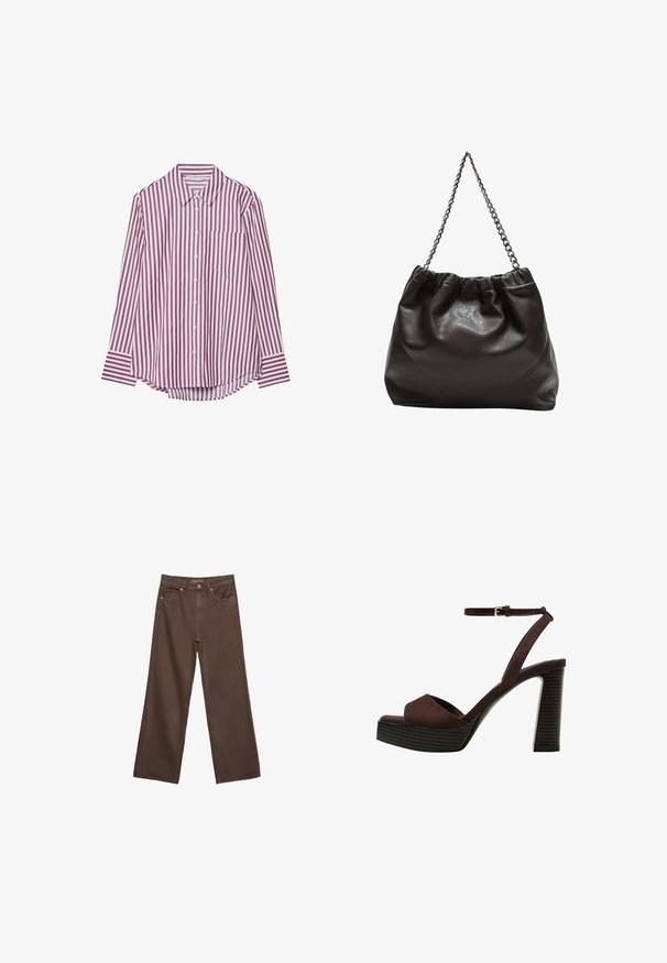 Košeľa s dlhým rukávom v bordovej a bielej vertikálnej pruhovanej kombinácii. Má golier a náprsník s zaobleným lemom.; Džínsy s širokými nohavicami v hnedej farbe, vyrobené z denimu, so zvýšeným pásom, prednými vreckami a klasickým zapínaním na gombík. Hladká textúra s jemným prešívaním.; Hnedé semišové sandále na vysokom podpätku s otvorenou špičkou, nastaviteľným členkovým remienkom a pruhovanou platformovou podrážkou.; Hnedá kožená taška so zberaným vrchom a reťazovým popruhom. Hladký povrch s lesklým finišom a jemným švom po stranách.