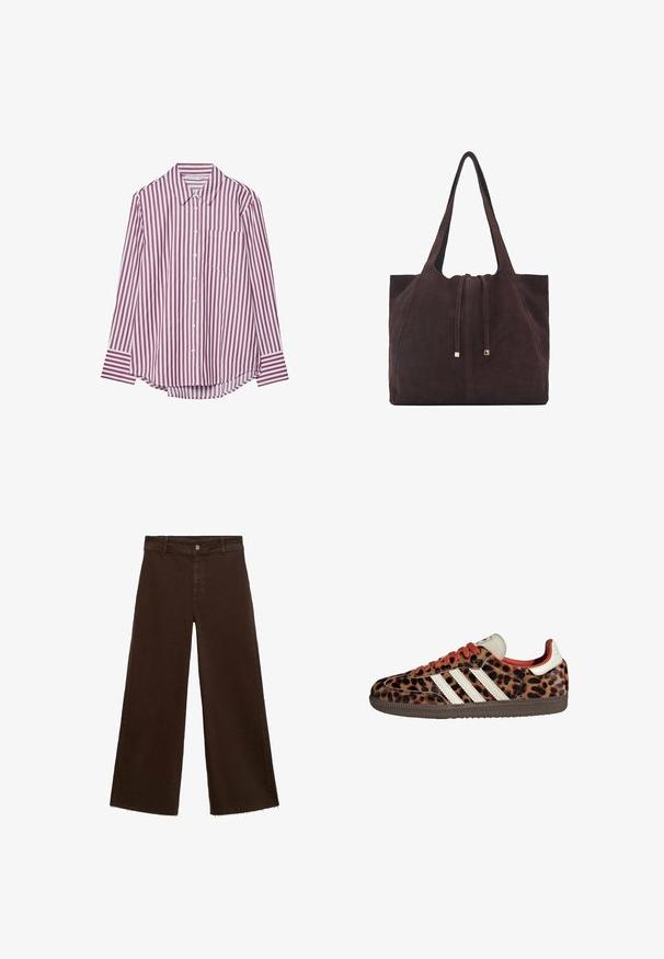Bordeauxfarbendes Langarm-Hemd mit weißen vertikalen Streifen. Es besitzt einen Kragen und eine Brusttasche sowie einen abgerundeten Saum.; Braune, weit geschnittene Hosen aus Baumwollmischung mit fransigem Saum, vorderem Knopfverschluss und klassischem Fünf-Taschen-Design. Minimalistisch und vielseitig.; Sneaker im Leopardenmuster aus Wildleder mit roten Schnürsenkeln und drei weißen Streifen an der Seite. Sie haben eine cremefarbene Zunge und eine braune Sohle.; Mango Shopping Bag - dark brown