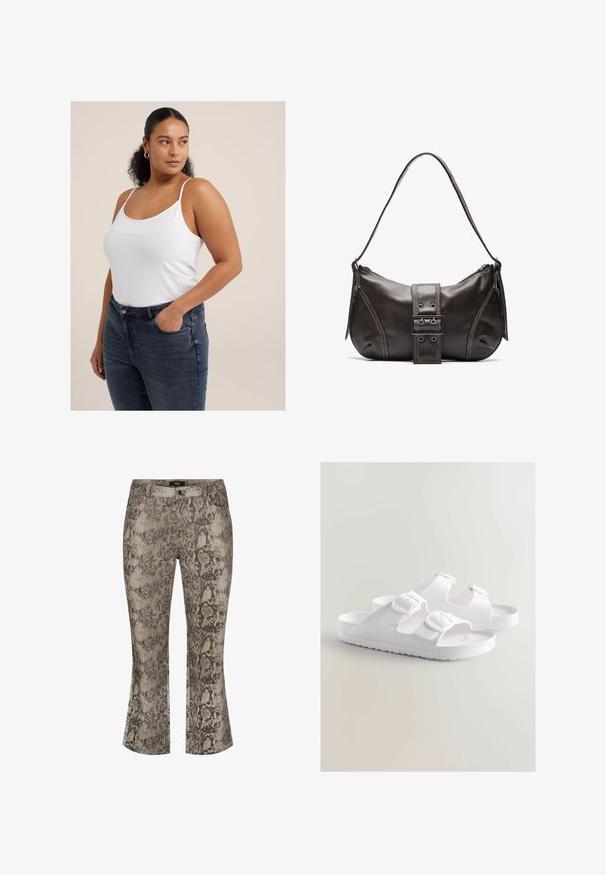 Top bianco senza maniche con spalline sottili, realizzato in tessuto morbido. Abbinato a jeans a vita alta, lavaggio scuro, con tasche frontali e un design aderente.; Jeans a campana con stampa serpente in tonalità beige e marrone tenui. Tessuto denim con superficie testurizzata. Design standard a cinque tasche e zip frontale.; Sandali bianchi con due fibbie regolabili, suola piatta e un motivo di trazione testurizzato. Realizzati in materiale leggero e flessibile.; Borsa a spalla in pelle marrone con una forma curvata, caratterizzata da un evidente dettaglio a fibbia, cuciture a contrasto e una sola tracolla.; Orecchini a cerchio d'oro con un design sottile e a cerchio aperto. Texture liscia con una finitura lucida, senza decorazioni o motivi.