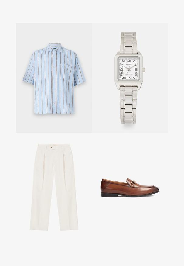 Camicia azzurro chiaro a maniche corte con strisce verticali bianche e marroni, dotata di chiusura a bottone frontale e una tasca sul petto.; Pantaloni bianchi a gamba larga con pieghe sul davanti, chiusura a un bottone e tasche laterali. Texture liscia e design sartoriale.; Mocassini in pelle marrone con punta arrotondata, dettagli cuciti e un'elegante fibbia metallica decorativa sul davanti. Suola in gomma.; Orologio da polso in metallo argentato con cassa quadrata, quadrante bianco, numeri romani e bracciale a maglie argentate. Presenta un design resistente all'acqua.; Collana a catena in tonalità oro con un semplice pendente a croce. La catena è caratterizzata da una texture con un design a maglie fini, mentre il pendente è liscio con una finitura lucida.