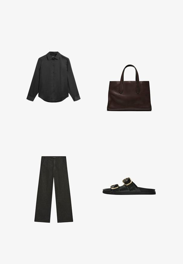 Zwart shirt met lange mouwen, een kraag, knoopsluiting aan de voorkant, gladde stof en een licht afgeronde zoom. Geen zichtbare patronen of accenten.; Wijd uitlopende zwarte denim broek met een middelhoge taille, twee zijzakken en een eenvoudige, minimalistische uitstraling zonder zichtbare versieringen.; Zwarte slipper met twee gouden gesps, gladde textuur, platte zool en een minimalistisch ontwerp.; Bruine leren tote bag met twee verlengde handvatten, gestructureerde rechthoekige vorm, gladde textuur en subtiele stiksels.