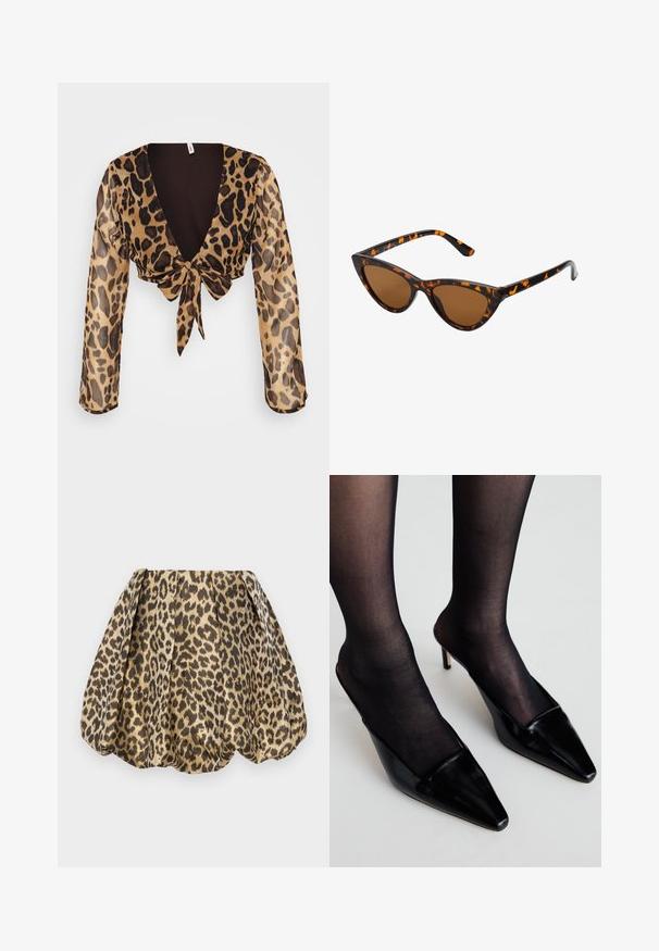 Kratka majica z leopardjim vzorcem iz lahke, prosojne tkanine. Ima dolge rokave, globok V-izrez in zavezano spredaj. Barvna shema v rjavi in svetlo rjavi.; Sister Jane LOLA SKIRT - Krilo A-kroja - tan; Črne patentne mule s koničastim nosom in nizko obrobo. Imajo tanek peti in so kombinirane s črnimi prozornimi nogavicami.; Mačje oči sončna očala z okvirom v črno-oranžni želvej ohišji, rjavimi lečami in elegantnimi, ostrimi konicami. Imajo minimalistični logo na ročaju.