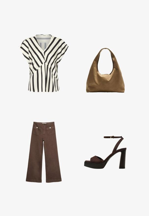 Schwarz-weiße gestreifte Bluse mit V-Ausschnitt, kurzen Ärmeln und einem geometrischen Muster aus einem glatten, leichten Stoff.; Braune weit geschnittene Hosen aus Baumwolle, mit zwei Fronttaschen mit silbernen Knöpfen und einer glatten Textur.; Braune Wildleder-Pumps mit offenem Zeh, verstellbarem Knöchelriemen und gestreiftem Plateausohlen.; Braune Stoffschultertasche mit einem breiten, runden Körper und einem großen Ausschnittgriff. Sanfte Textur, minimalistisches Design und keine sichtbaren Beschläge.