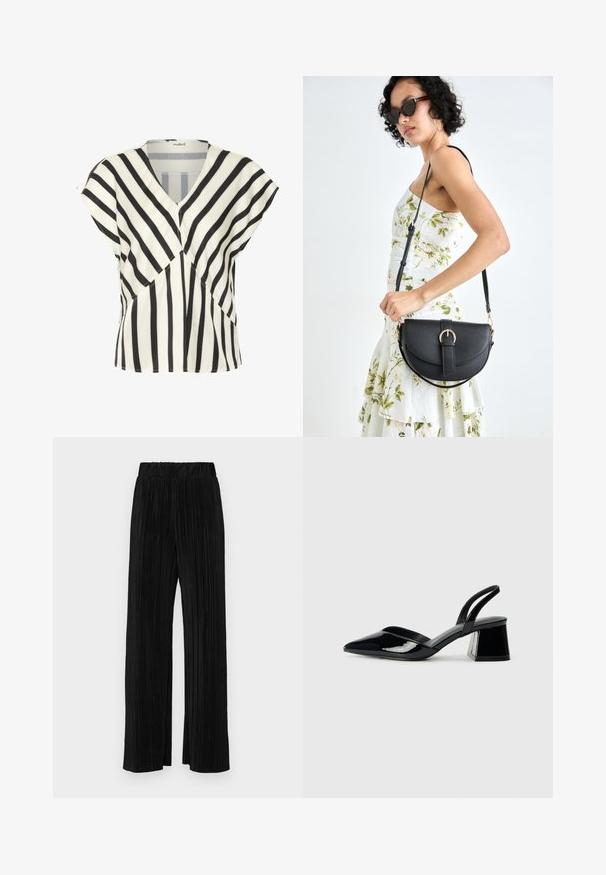 Sort og hvid stribet bluse med V-hals, korte ærmer og geometrisk mønster i et glat, let stof.; Sorte plisserede bukser med elastisk talje. Har brede ben og et glat, tekstureret stof med lodrette striber.; Sorte patentlæder slingback hæle med spids tå og en geometrisk blok hæl. Har et elegant, minimalistisk design og en glat tekstur.; Sort læderhåndtaske med en buet form, aftagelig rem og guldfinish. Tasken har en klap med en spænde detalje.