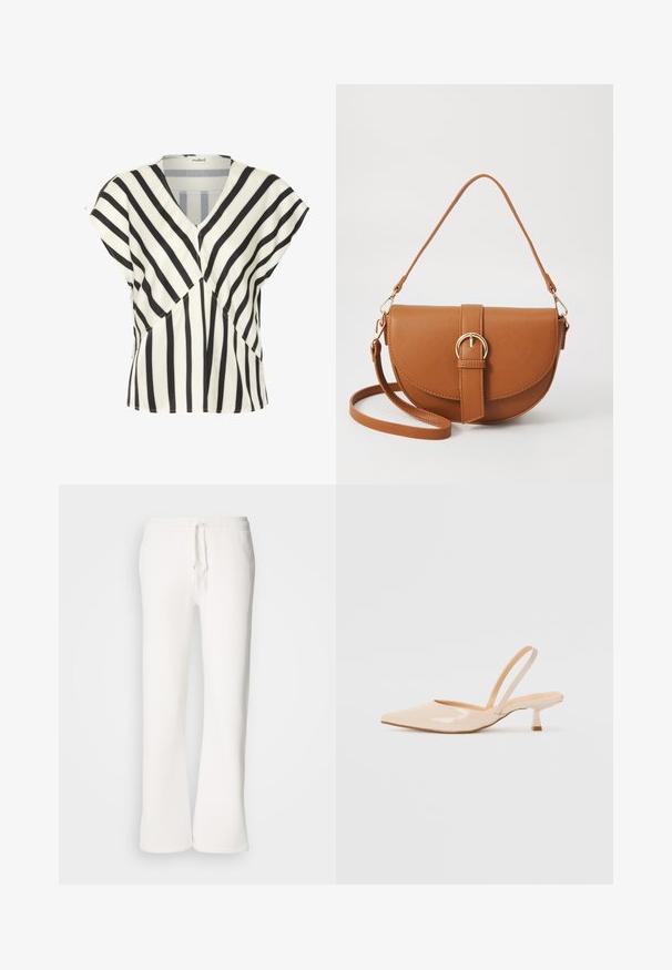 Černo-bílá pruhovaná blůza s výstřihem do V, krátkými rukávy a geometrickým vzorem z hladkého, lehkého materiálu.; Bílé, volné tepláky vyrobené z měkké tkaniny, s elastickým pasem a šňůrkou a rovnými nohavicemi.; Béžové lakované kožené lodičky se špičatou špičkou a štíhlým čtvercovým podpatkem. Hladký povrch a minimalistický design bez ozdob.; Hnědá kožená křížová taška s zakřiveným tvarem, zlatými detaily a akcentem s přezkou. Obsahuje odnímatelný popruh na rameno.