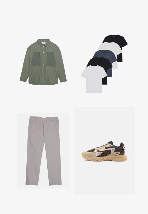 Chemise olive verte à boutons, en tissu léger, dotée de deux grandes poches poitrine et de boutons-pression argentés, avec des manches longues et un col classique.; Ensemble de cinq t-shirts en noir, blanc et bleu marine. Tissu en coton, manches courtes, design col rond et texture unie sans motifs.; Pantalon en coton gris clair avec une taille élastique, deux poches latérales, coupe droite et texture lisse. Détail de couture simple.; Sneaker beige et marron avec des panneaux en maille texturée, des accents en daim et une semelle en caoutchouc. Présente un design à lacets et des détails de marque.