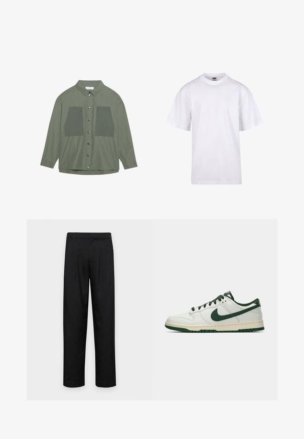 Olivovo zelená košeľa na gombíky vyrobená z ľahkého materiálu, so dvoma veľkými náprsníkovými vreckami a striebornými cvočkami, dlhými rukávmi a klasickým golierom.; Biela bavlnená tričko s okrúhlym výstrihom, krátkymi rukávmi a voľným strihom. Má jednoduchý dizajn bez vzorov alebo akcentov.; Čierne nohavice vyrobené z hladkej tkaniny, s rovnými nohavicami, dvoma prednými skladmi a štandardným pásom s pútkami na opasok.; Biele nízke tenisky s tmavozeleným Nike swooshom, šnúrkami a akcentmi na podrážke, zobrazené v profile na jednoduchom bielom pozadí.